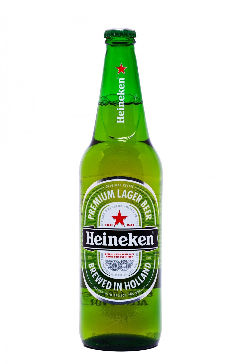 A bottle of Heineken premium lager beer on a white background