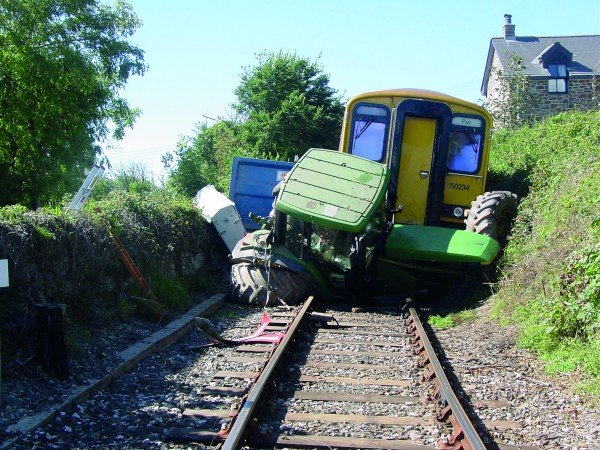 A collision between a train and a tractor occurred at Coswarth Cornwall at a user worked crossing on 31 August 2004. Photo credit: Network Rail