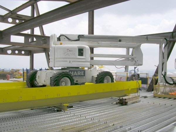 Use of a mobile elevating work platform during the erection of a multi-storey steel frame to avoid climbing on the steel work. Photo credit: David Thomas