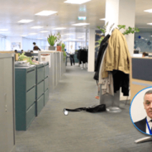 In this still from the introduction to an interactive office safety film there is a trip hazard created by the jacket on the floor. The trainee must click on it. Images courtesy of Mott MacDonald
