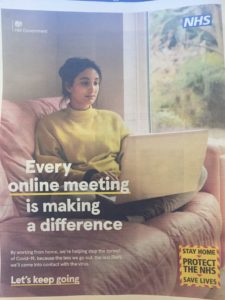 Govt advert on working from home - woman on sofa with laptop